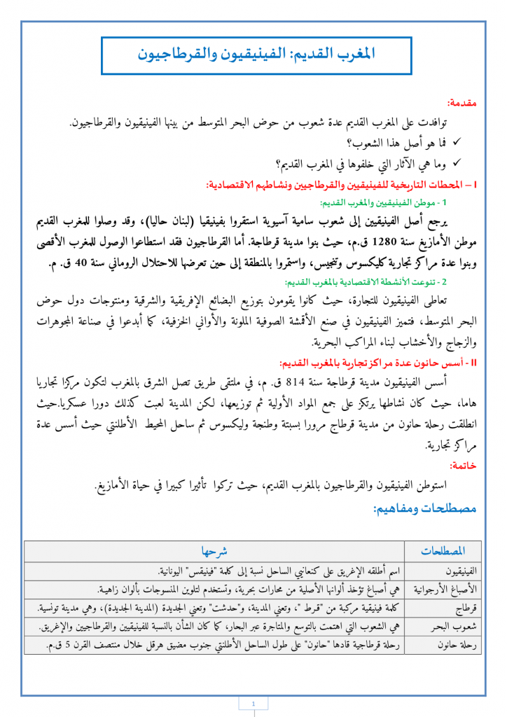 درس المغرب القديم الفينيقيون والقرطاجيون للسنة الأولى إعدادي