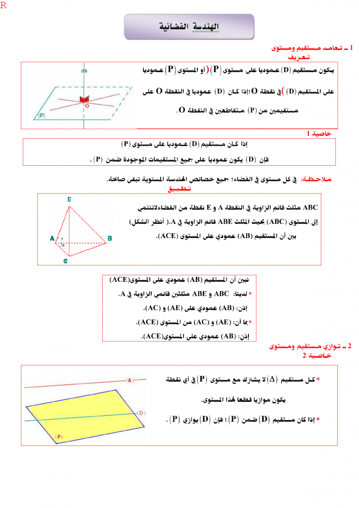 درس الهندسة الفضائية في مادة الرياضيات للمستوى الثالثة إعدادي