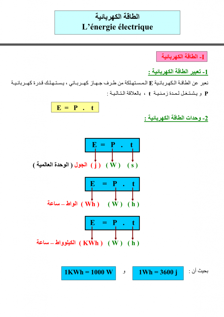 درس الطاقة الكهربائية للسنة الثالثة اعدادي