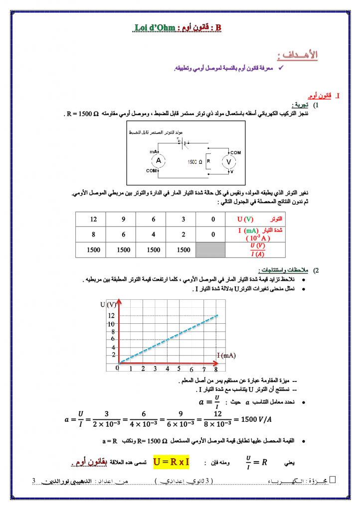 درس المقاومة الكهربائية للسنة الثالثة اعدادي