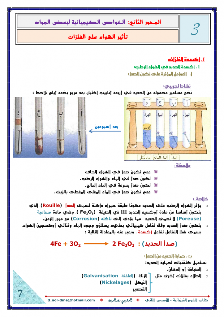 درس تأثير الهواء على الفلزات للمستوى الثالثة إعدادي 