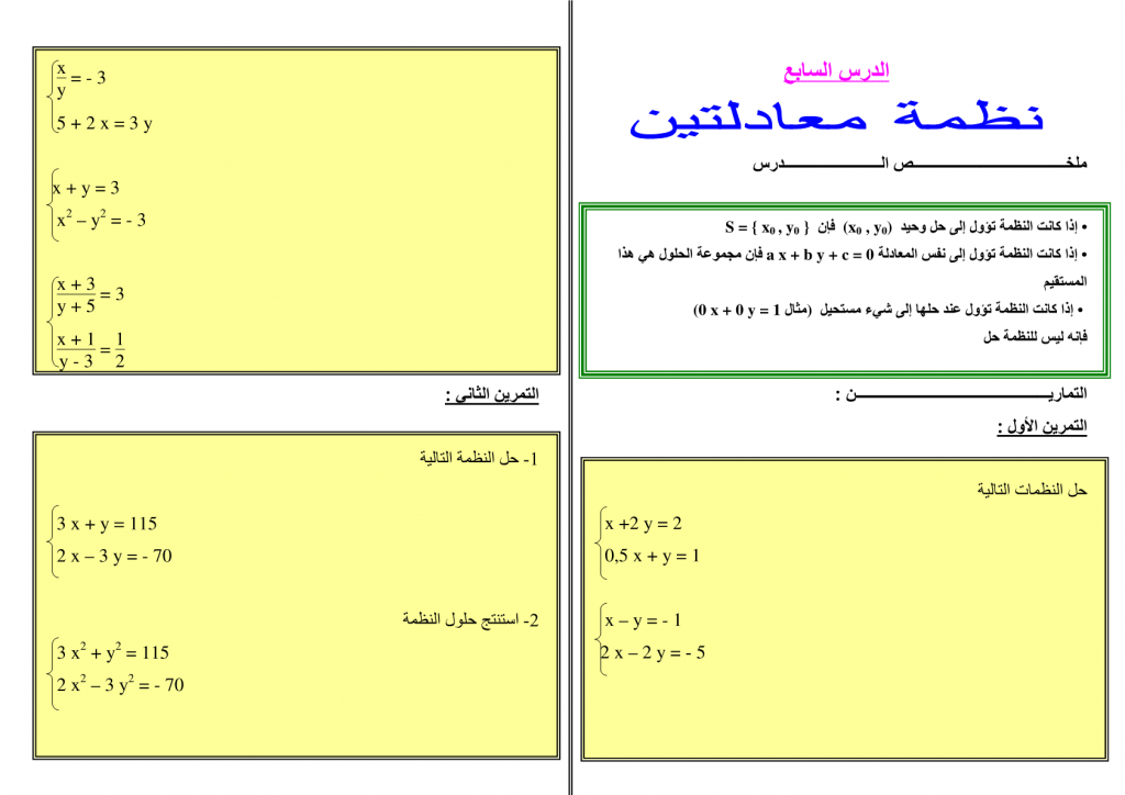 تمارين محلولة في نظمة معادلتين من الدرجة الأولى بمجهولين للسنة الثالثة إعدادي