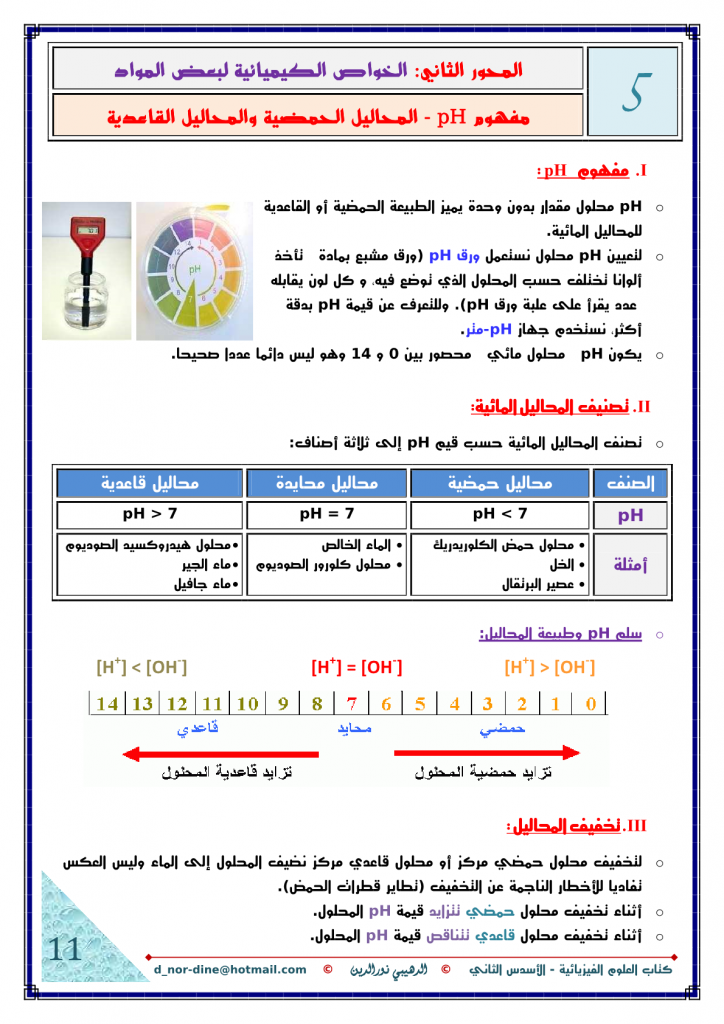 درس مفهوم pH المحاليل الحمضية والمحاليل القاعدية للمستوى الثالثة إعدادي 