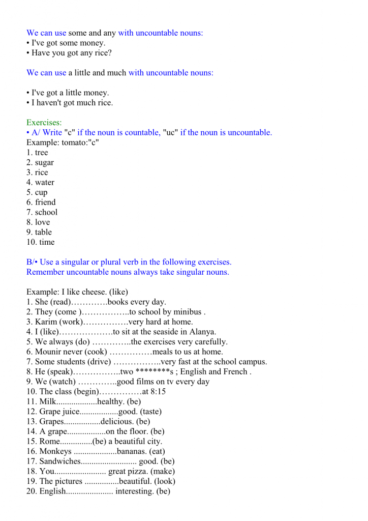 درس Countable and Uncountable Nouns للسنة الثالثة إعدادي