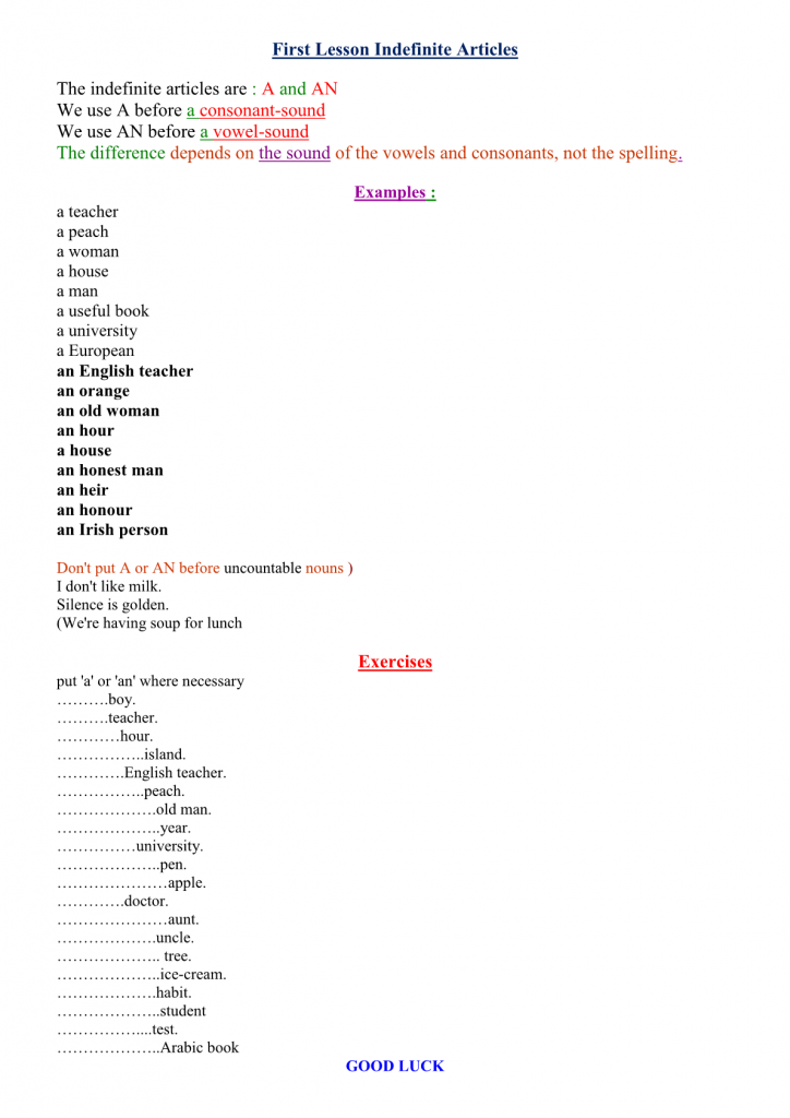 First Lesson Indefinite Articles