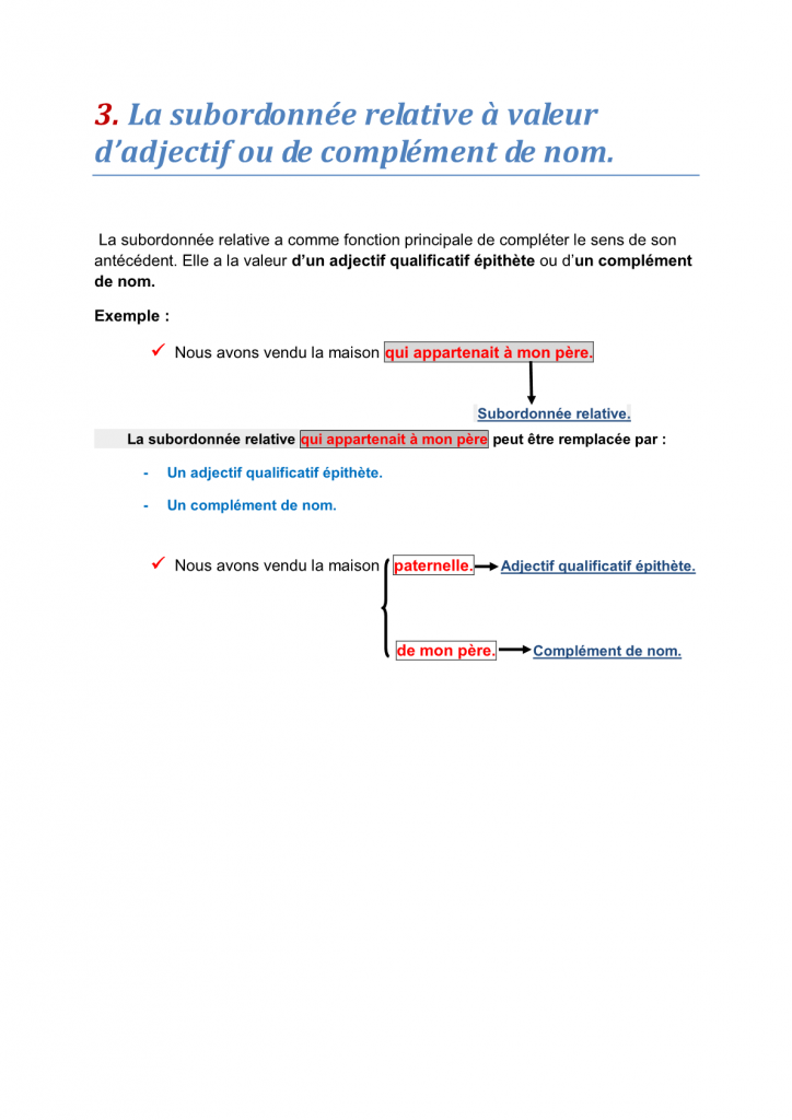 La subordonnée relative à valeur d’adjectif ou de complément de nom