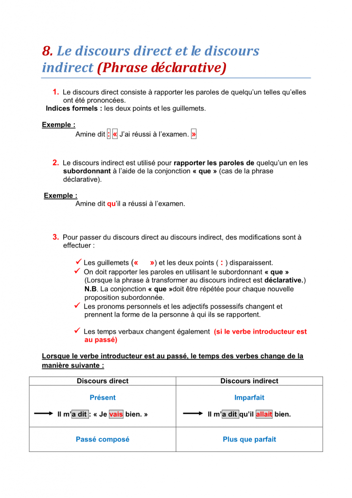 درس Le discours direct et le discours indirect الثالثة إعدادي