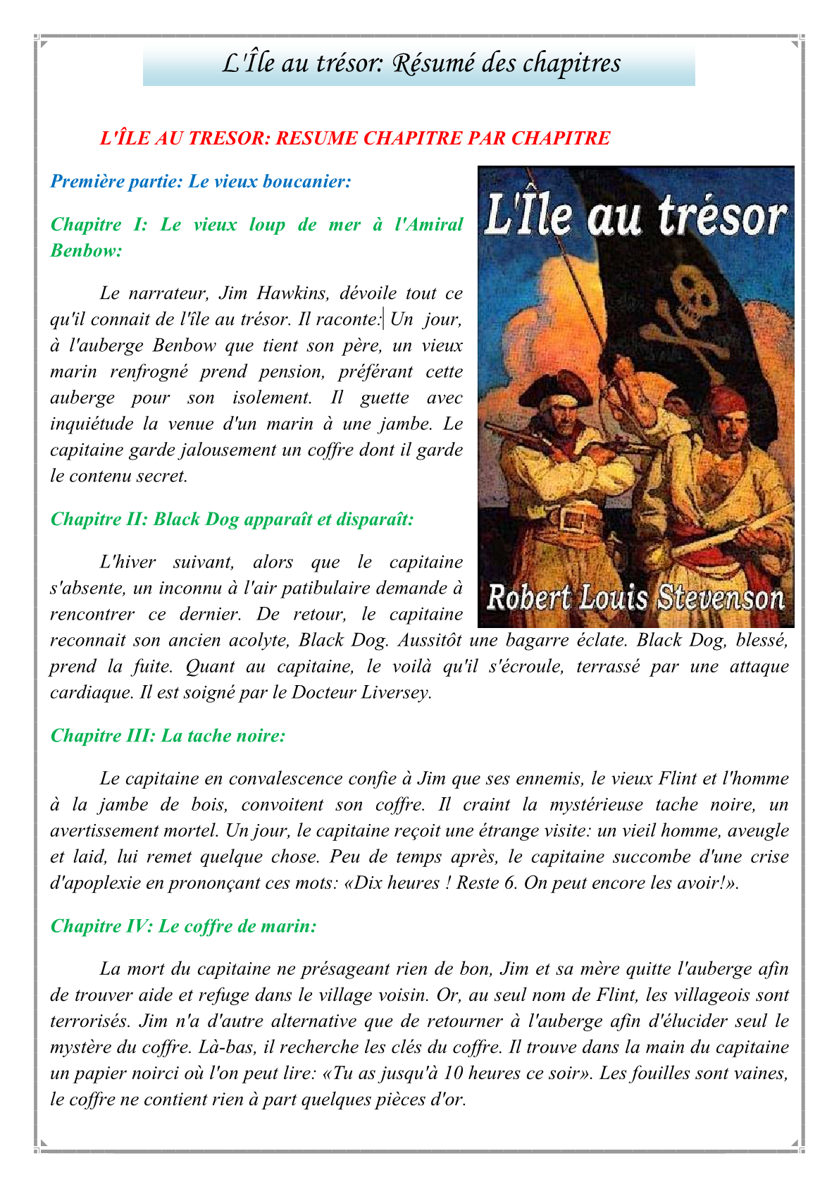 درس L’Île au trésor: Résumé des chapitres للمستوى الثالثة إعدادي