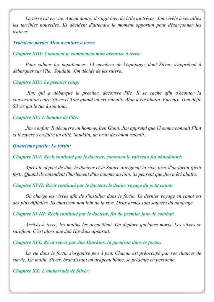 L’Île au trésor Résumé des chapitres