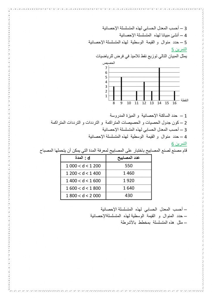 تمارين درس الإحصاء للسنة الثالثة إعدادي