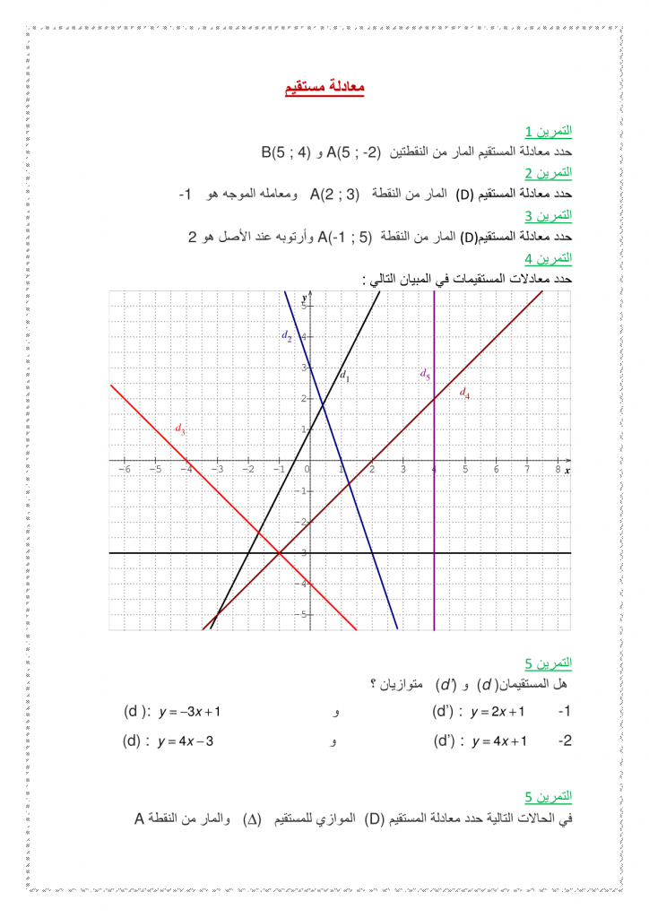 تمارين حول معادلة مستقيم للسنة الثالثة إعدادي