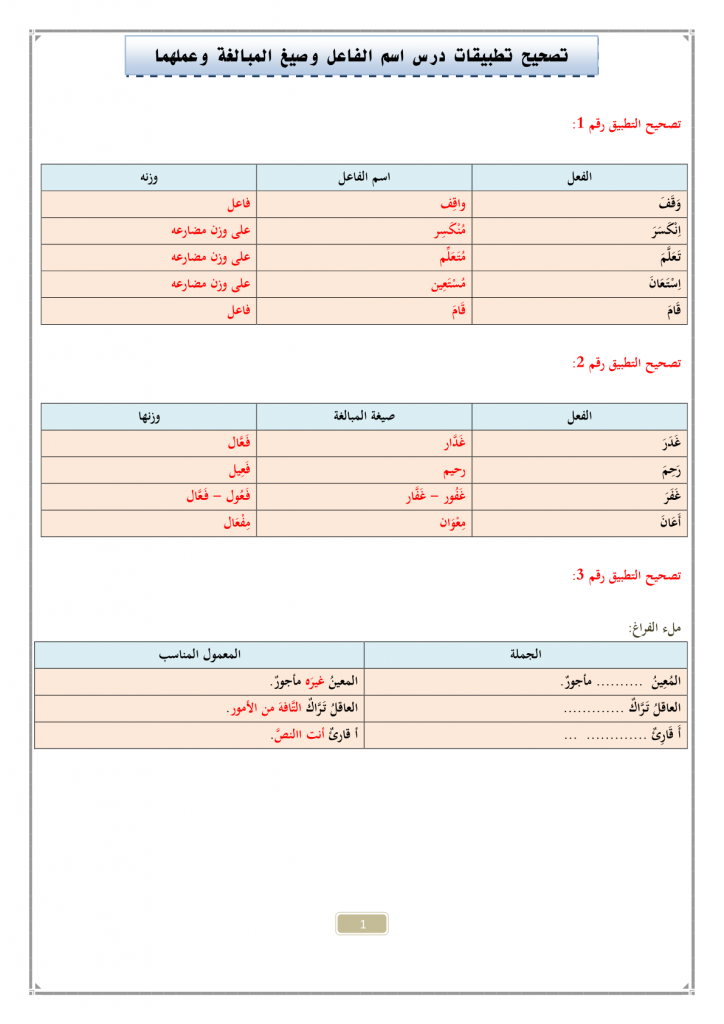 تصحيح تطبيقات درس اسم الفاعل وصيغ المبالغة وعملهما للسنة الثالثة إعدادي