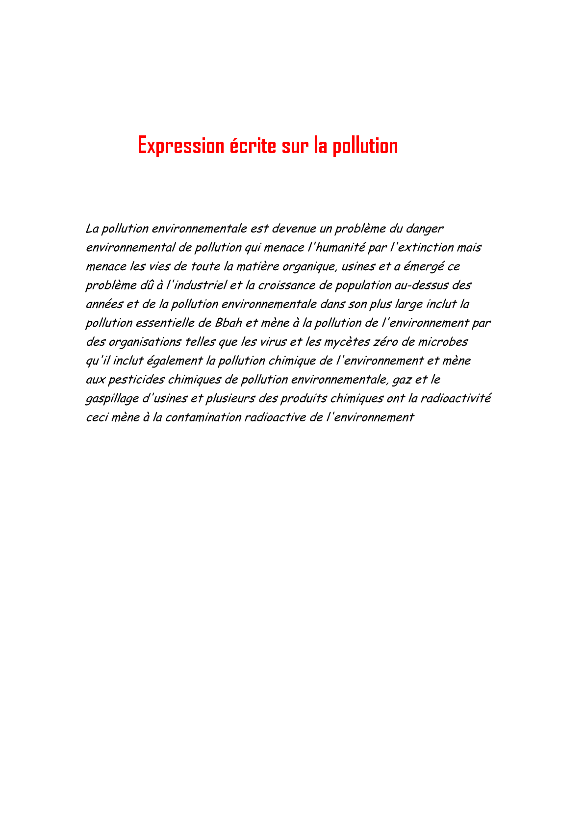 Expression écrite sur la pollution