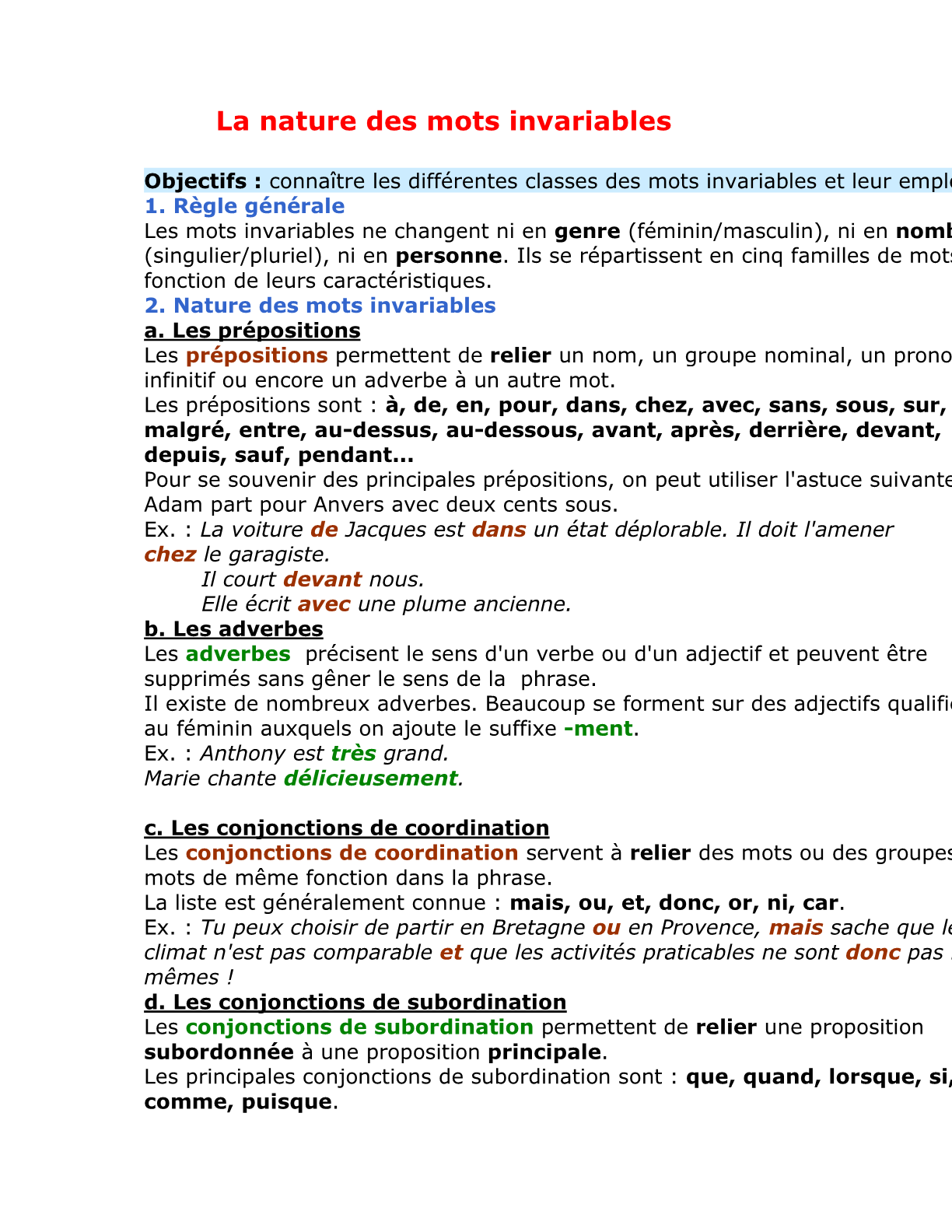 درس La nature des mots variables للسنة الأولى إعدادي
