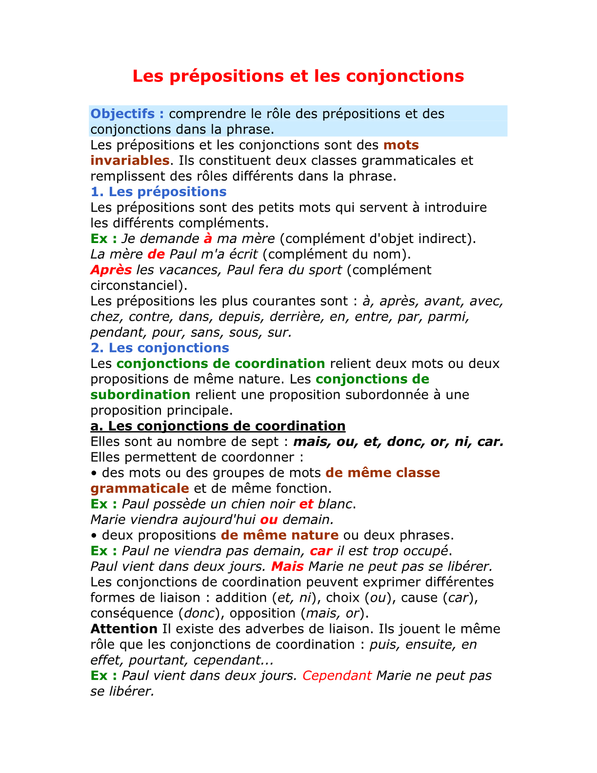 درس Les prépositions et les conjonctions للسنة الأولى إعدادي
