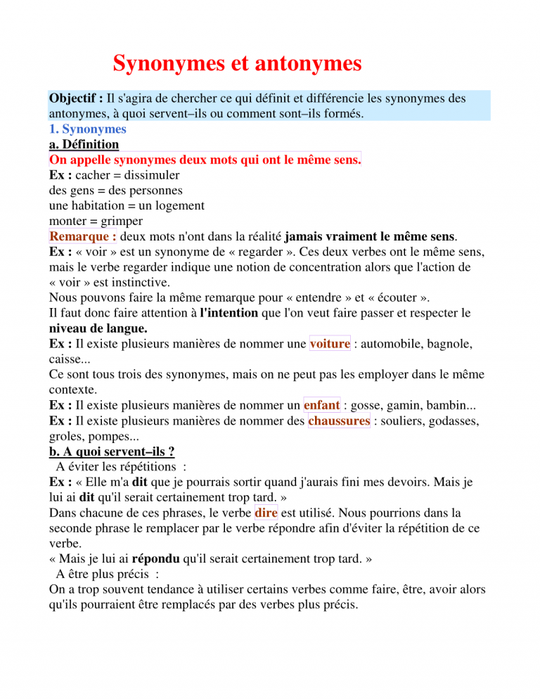 Les Synonymes Et Les Antonymes Exercices Pdf Cm1