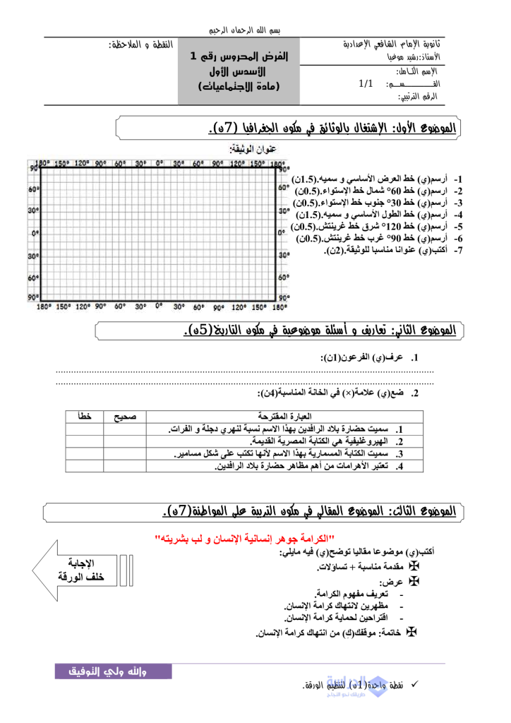 فرض الدورة الأولى المرحلة 1 نموذج 1 مادة الاجتماعيات الأولى إعدادي