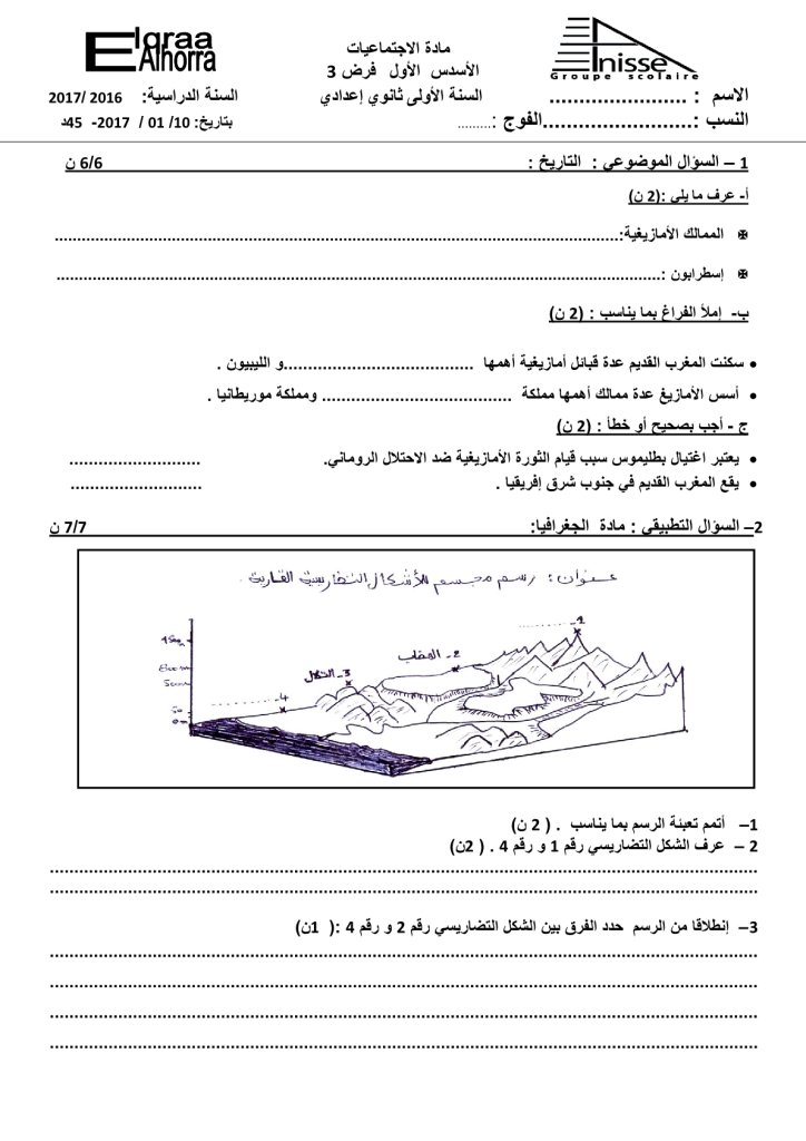 فرض الدورة الأولى المرحلة 3 نموذج 2 مادة الاجتماعيات الأولى إعدادي