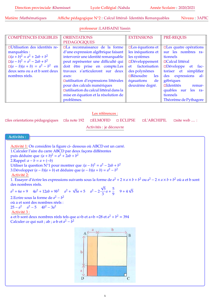 développement factorisation identités remarquables 3ème