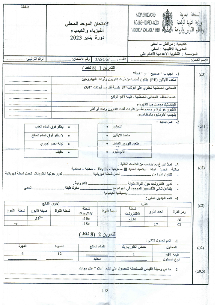 امتحان محلي في الفيزياء والكيمياء إعدادية الإمام علي مديرية أسفي 2023