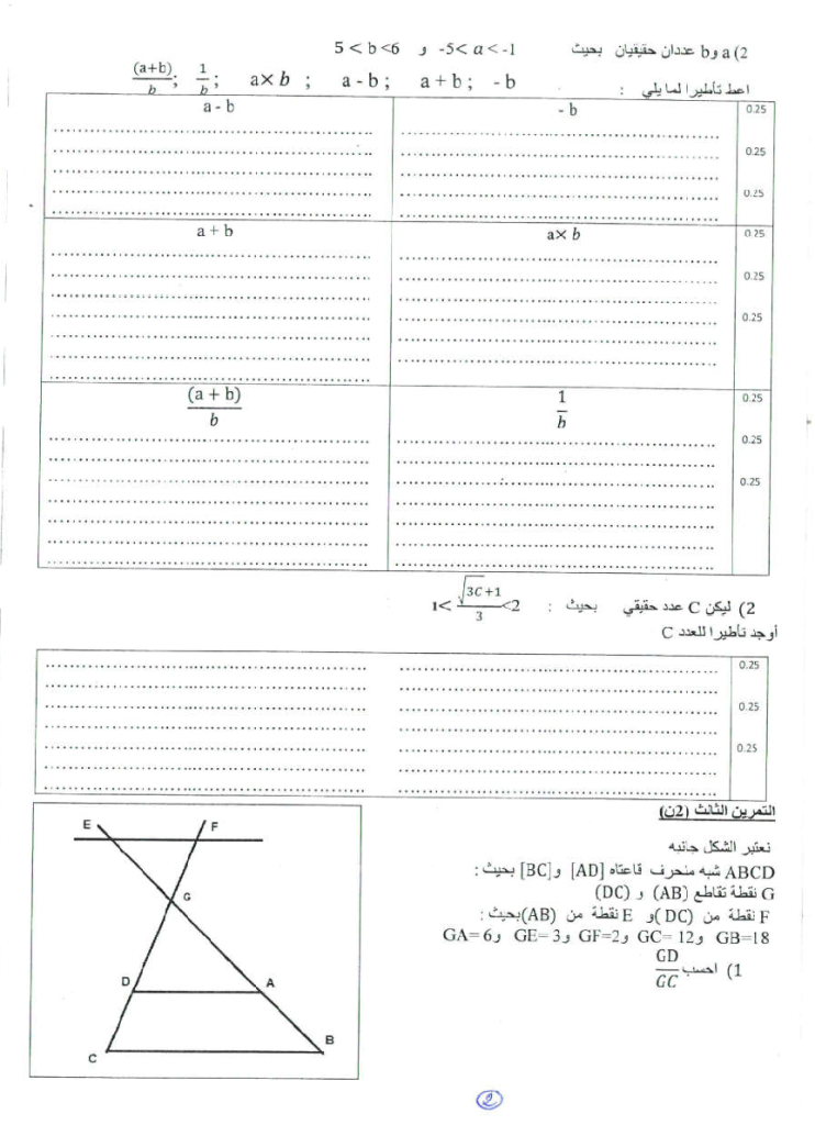 امتحان محلي في الرياضيات إعدادية طارق ابن زياد مديرية طنجة - أصيلة 2019